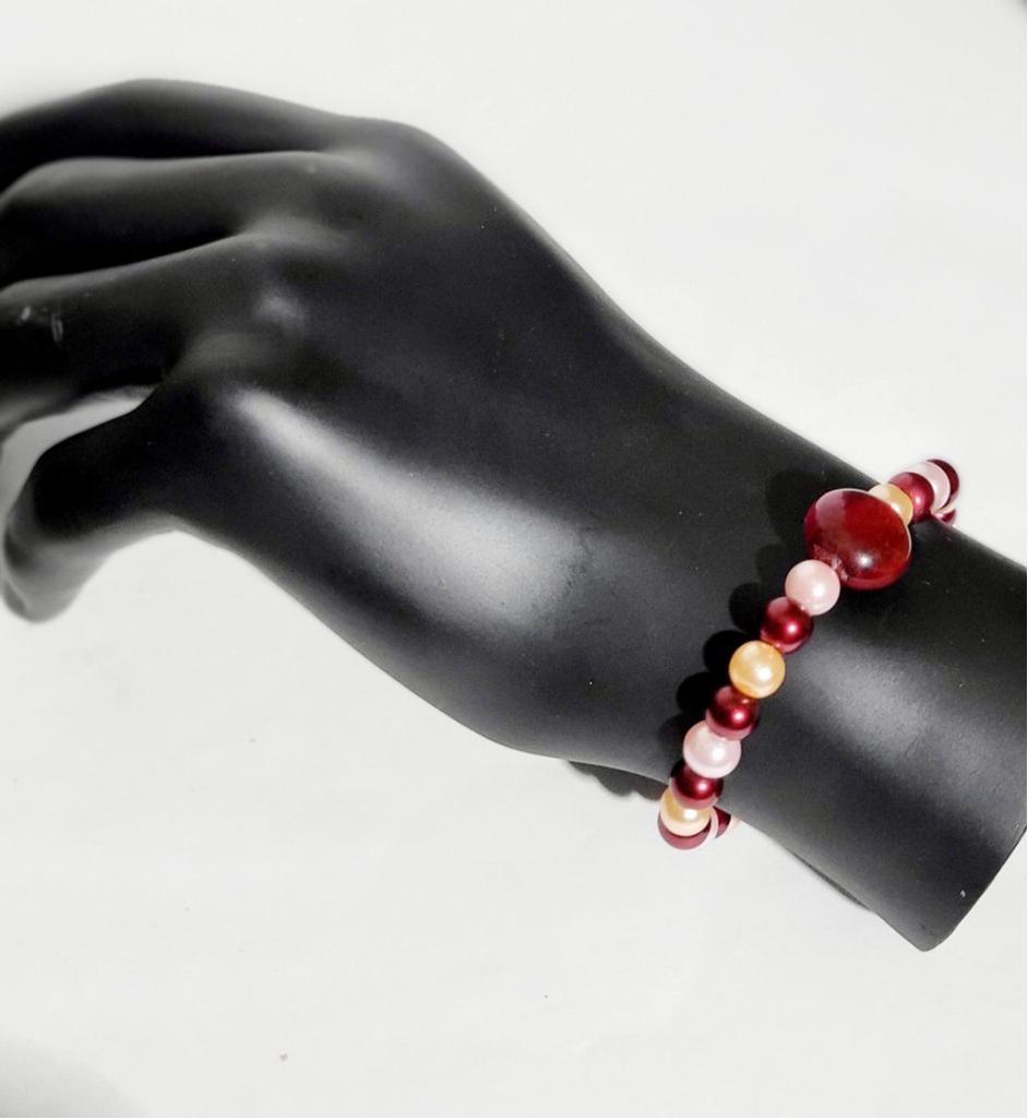 Pearlescent glass and cherry beaded bracelet hand crafted