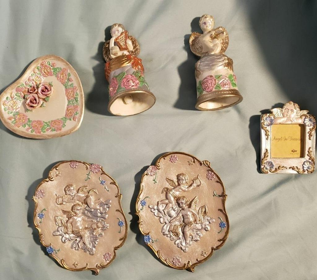 Vintage Ceramic Angel Decor Set: Bells, Trinket Dish & Wall Plaques
