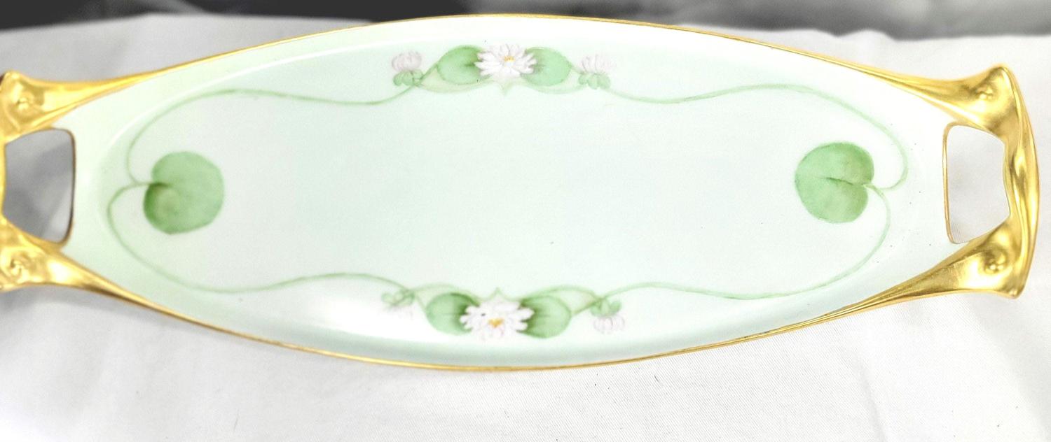 Antique RC Bavaria Germany handpainted porcelain green and gold serving tray