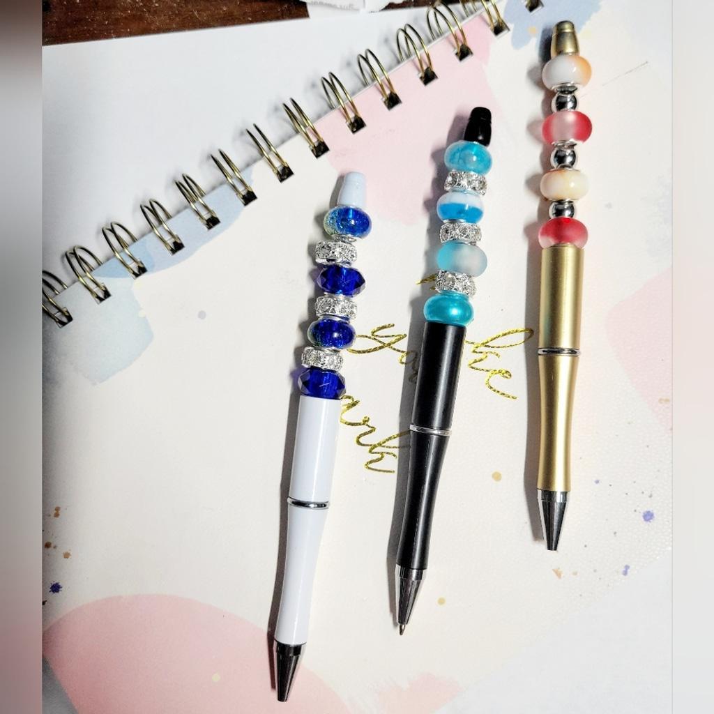 Set of 3x Large Beaded Pens in Black, White, and Gold Hand Crafted