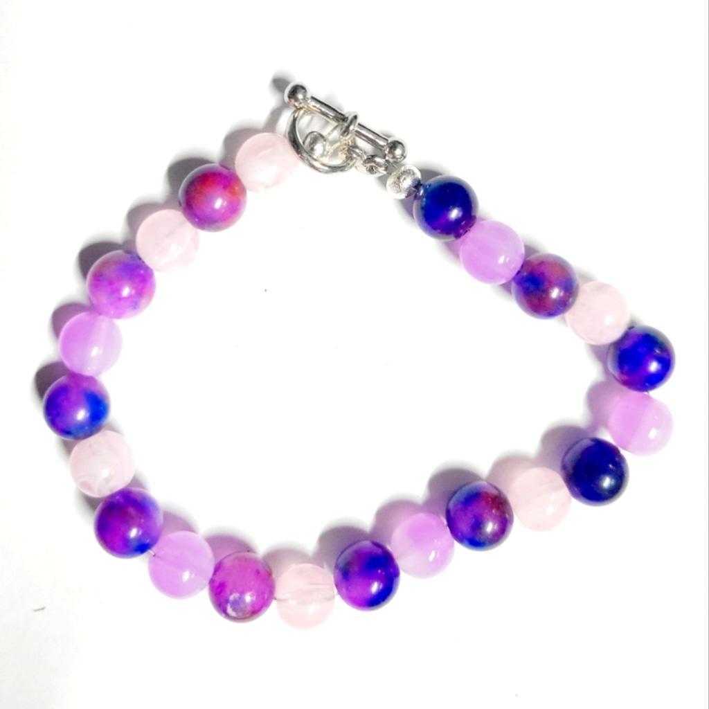 Natural Sugilite Rose Quartz Amethyst Crystsls Beaded Wire Bracelet Toggle Clasp 8" Hand Crafted