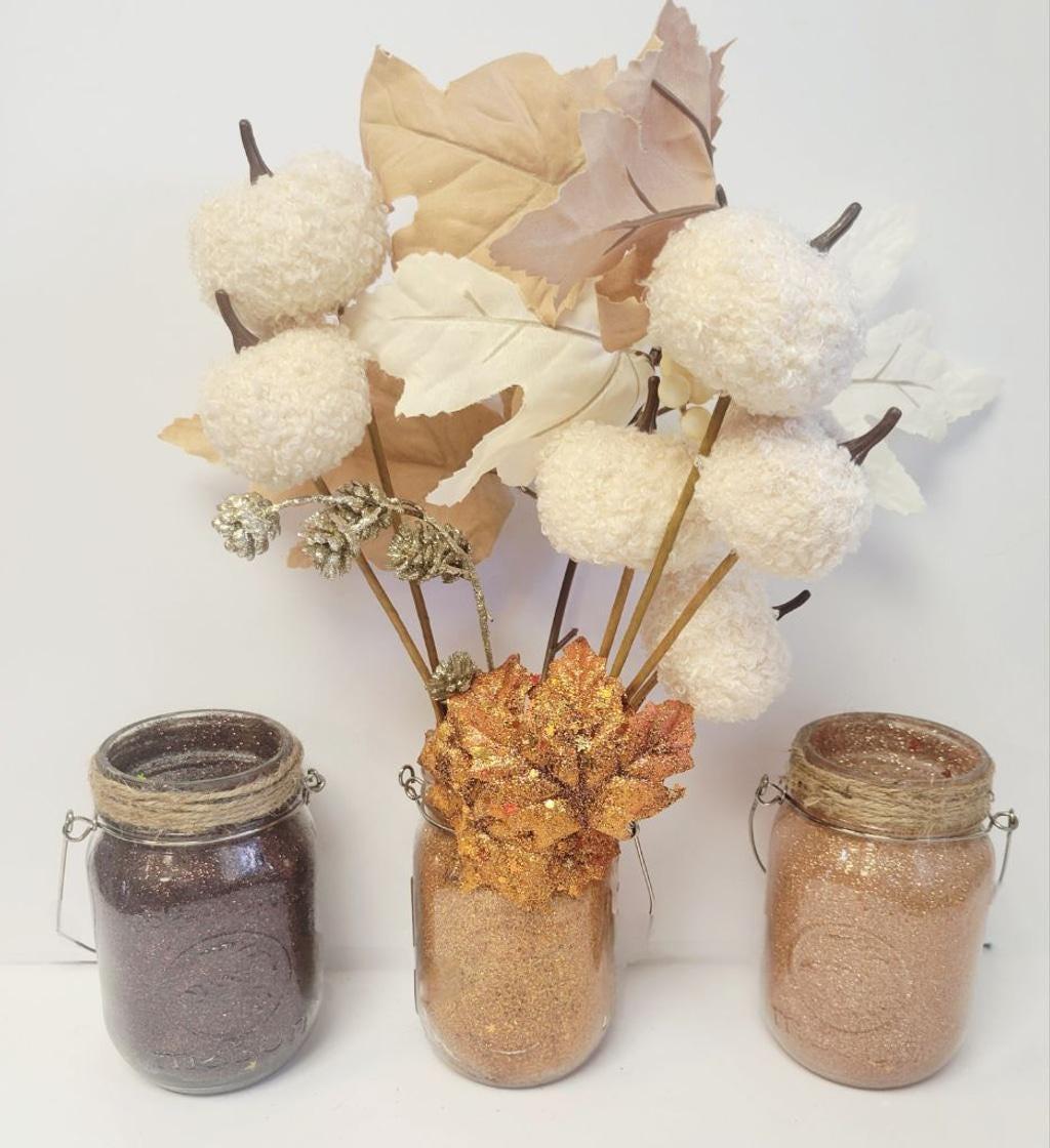 Handmade Glitter Mason Jar Centerpiece: Rustic Fall Decor, Set of 3