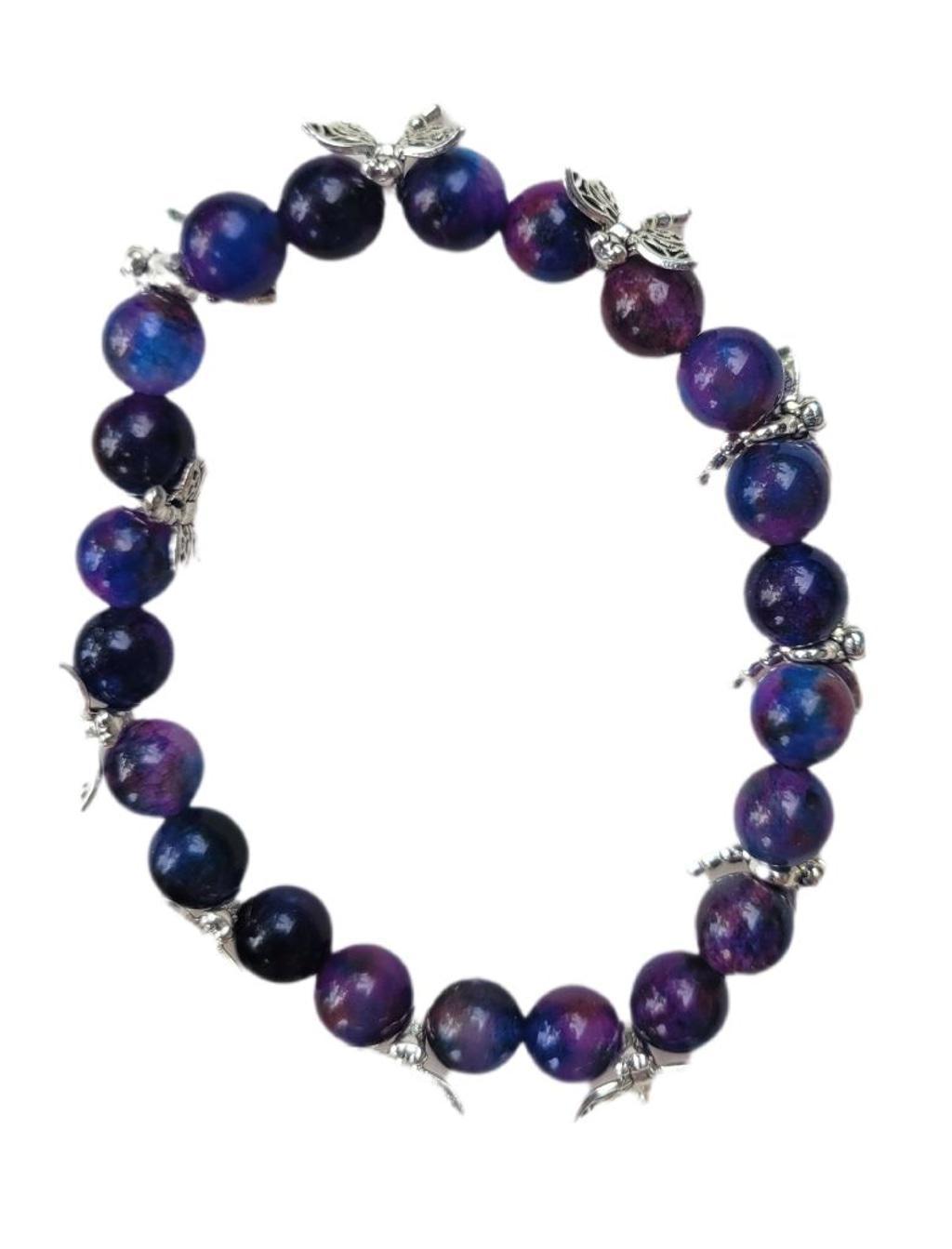 Natural Sugilite crystal silver dragonfly beaded bracelet 7.5"