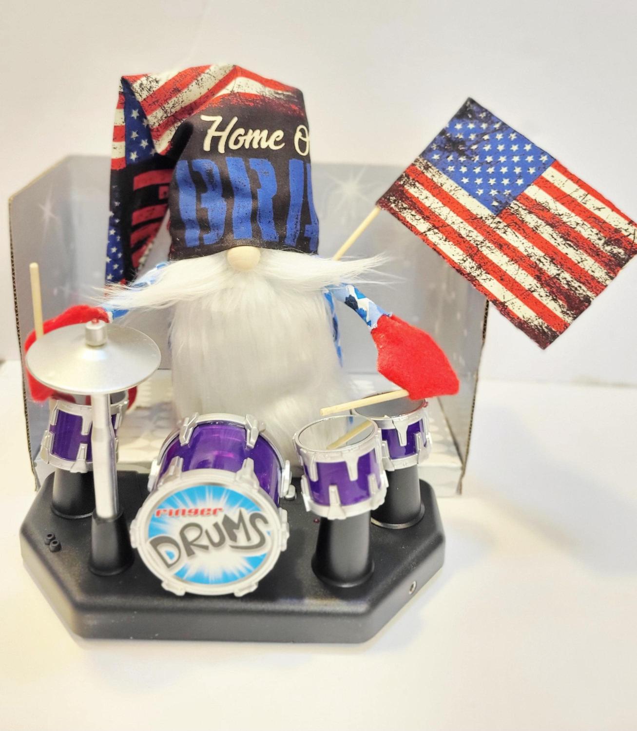 War Veteran Gnome Drummer with Mini Drum Set - Patriotic Home Decor