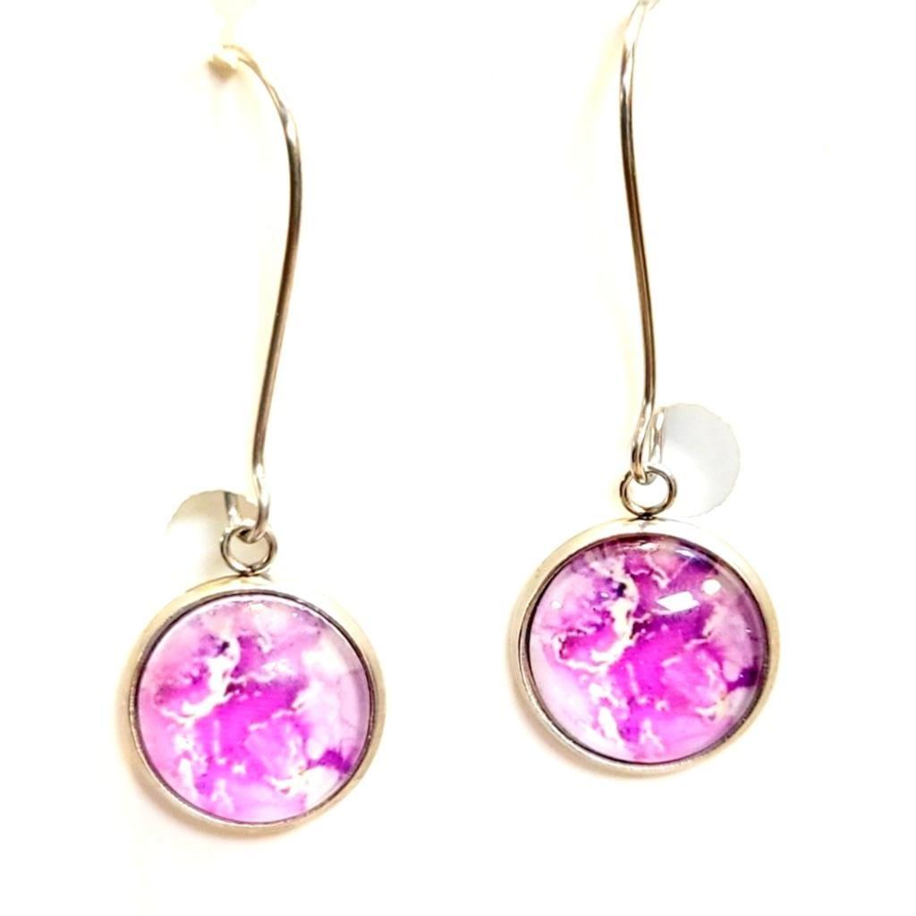 Pink Abstract and Silver Drop Earrings