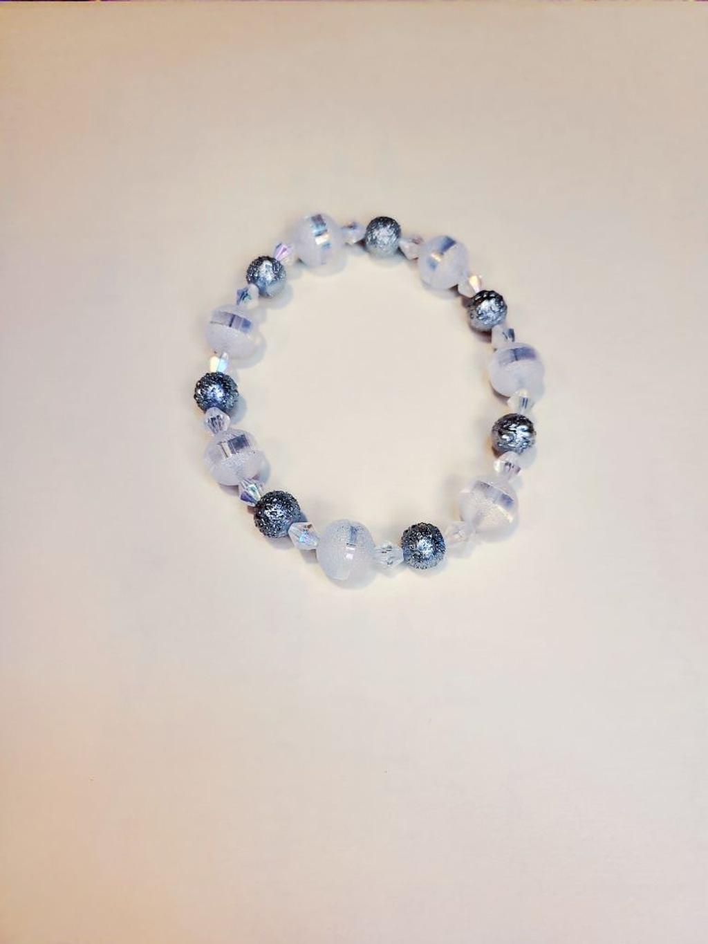 Matte silver striped crystal beaded bracelet 8mm 8-inch