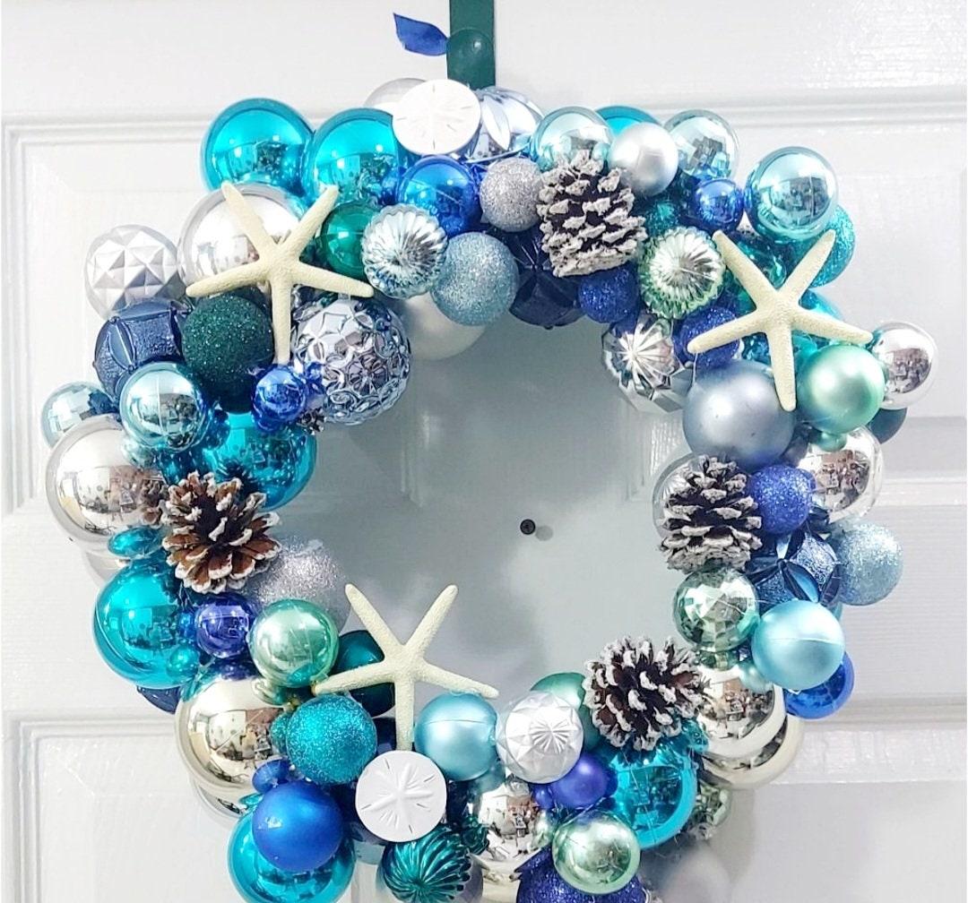Beach Coastal Christmas Winter wreath with shatterproof ball ornaments Nautical beach theme