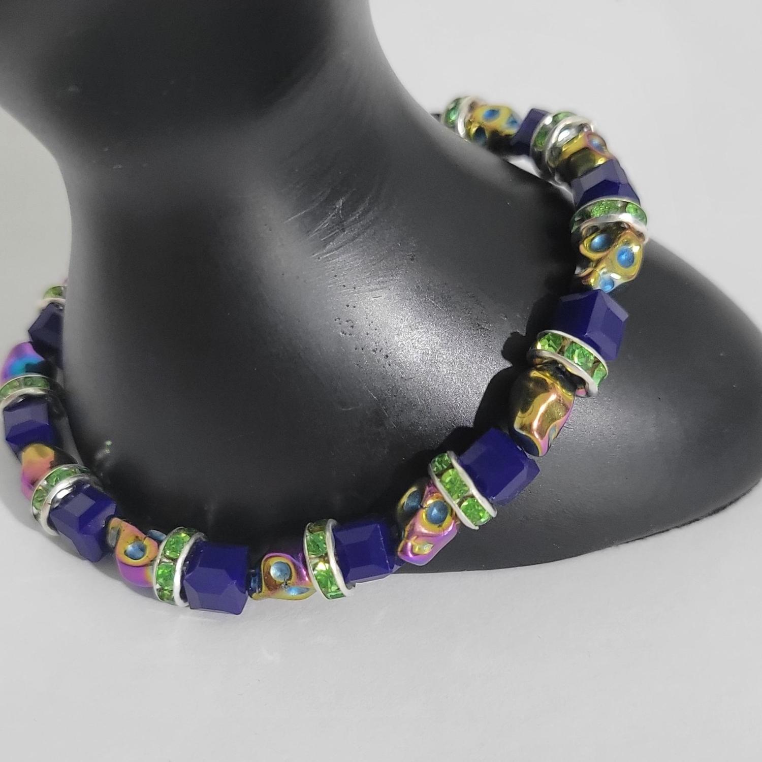 Hand crafted Halloween iridescent skull beaded bracelet