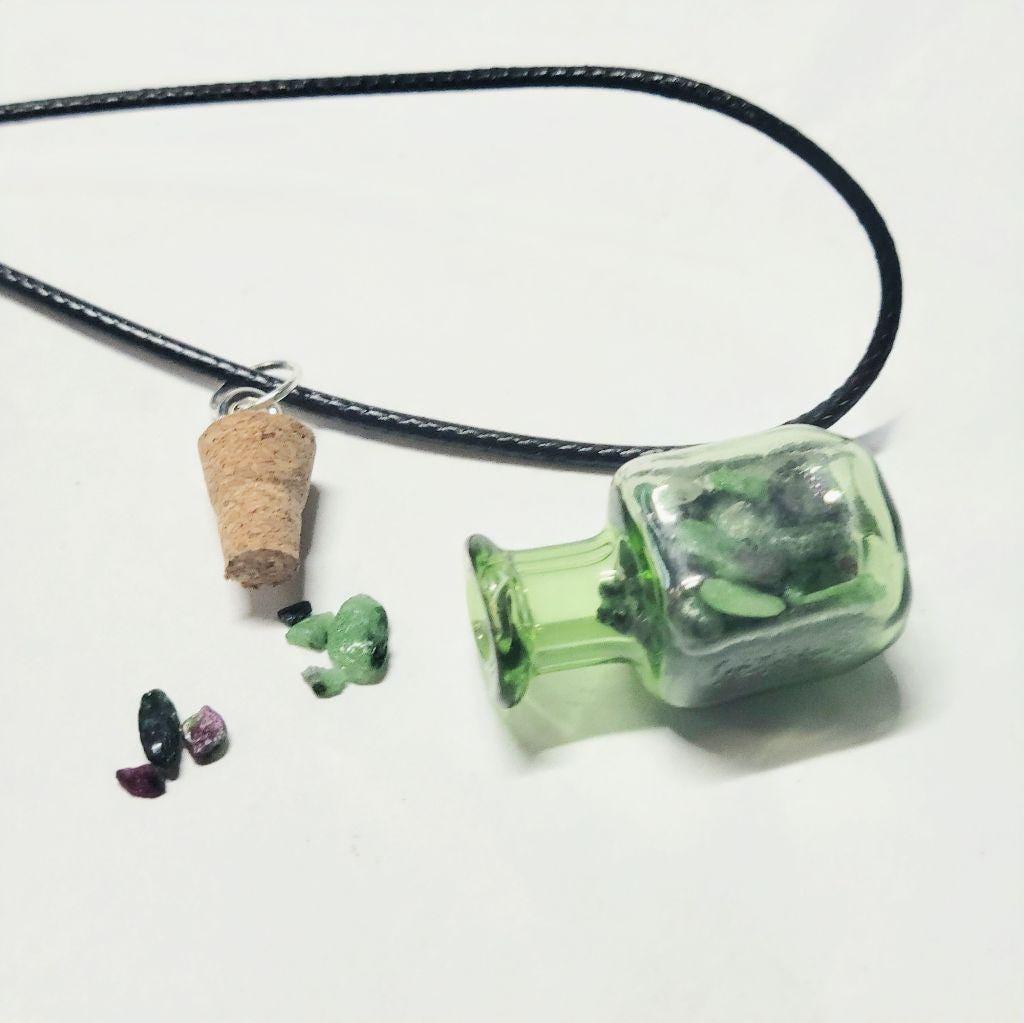Hand crafted natural Ruby Zoisite crystal mini wish bottle pendant necklace