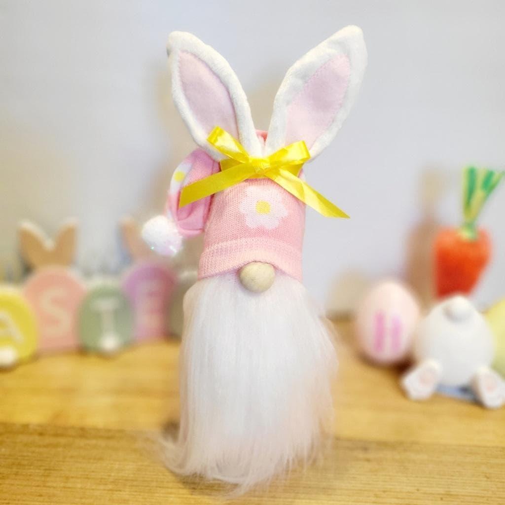 Pink Bunny Spring Gnome with Yellow Bow Decor 11" ss