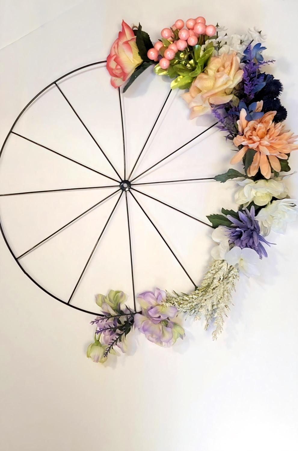 Bicycle Wheel Floral Wreath Farmhouse Wall Decor 14 Inch