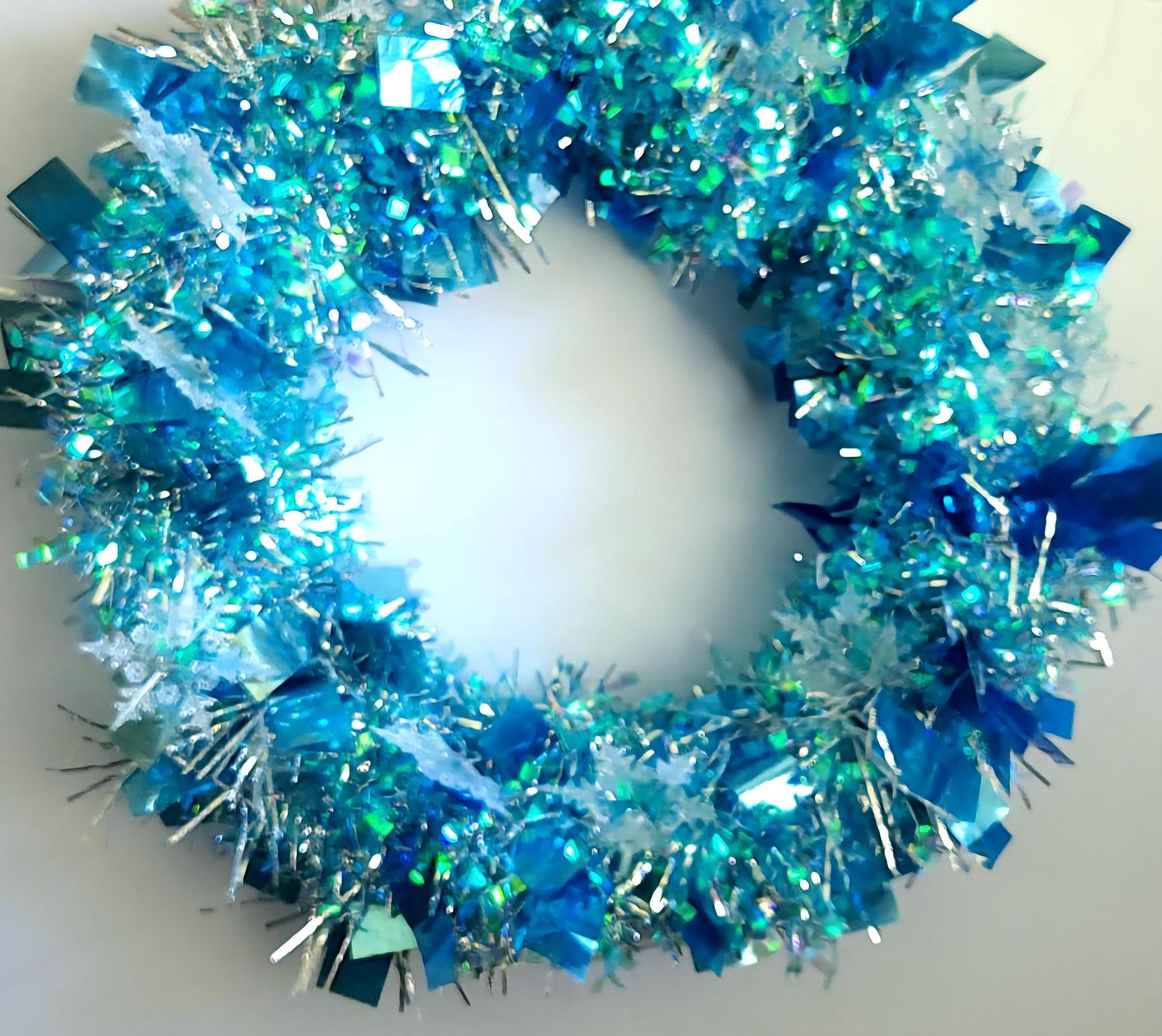 Frosted Snowflake Wreath: Icy Blue Tinsel, LED Winter Decor (13")