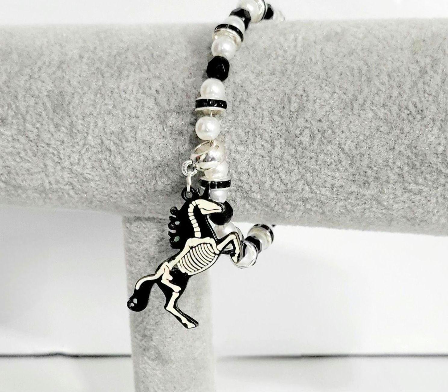 Halloween skeleton unicorn charm glass beaded bracelet